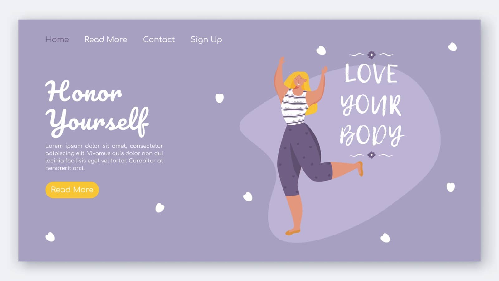 Honor yourself landing page vector template. Body positive website interface idea with flat illustrations. Feminism homepage layout. Love your body web banner, webpage cartoon concept