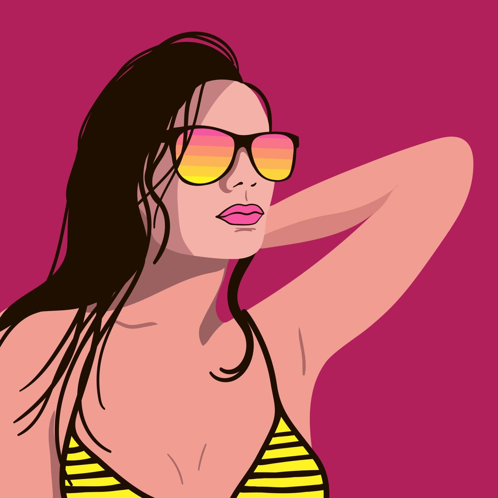 Young beautiful woman sunning in a bathing suit and sunglasses. Vector illustration