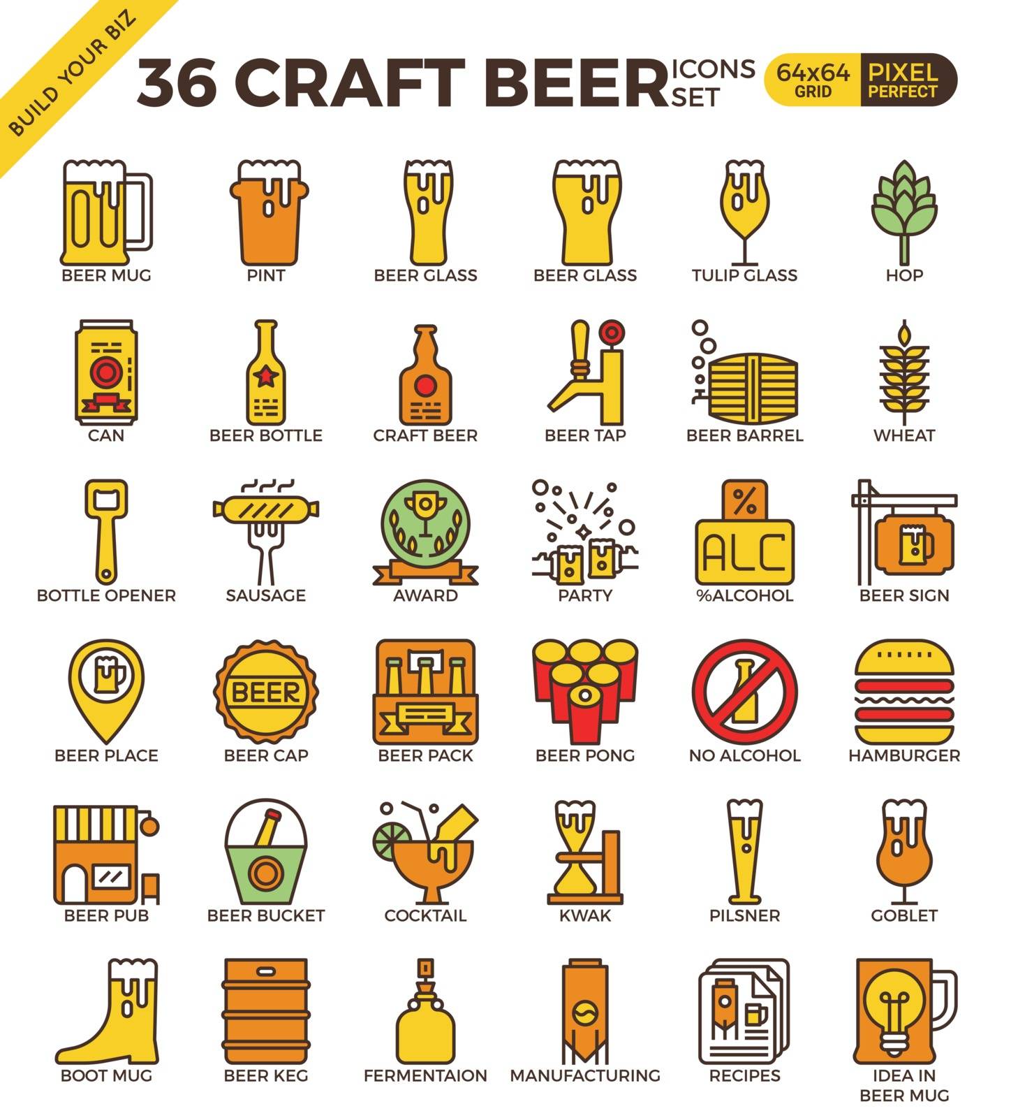 Craft Beer pixel perfect outline icons modern style for website or print illustration
