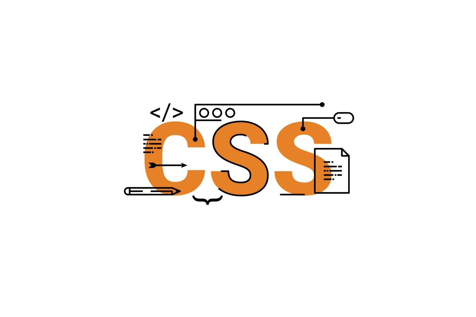 CSS word lettering typography design illustration with line icons and ornaments in orange theme