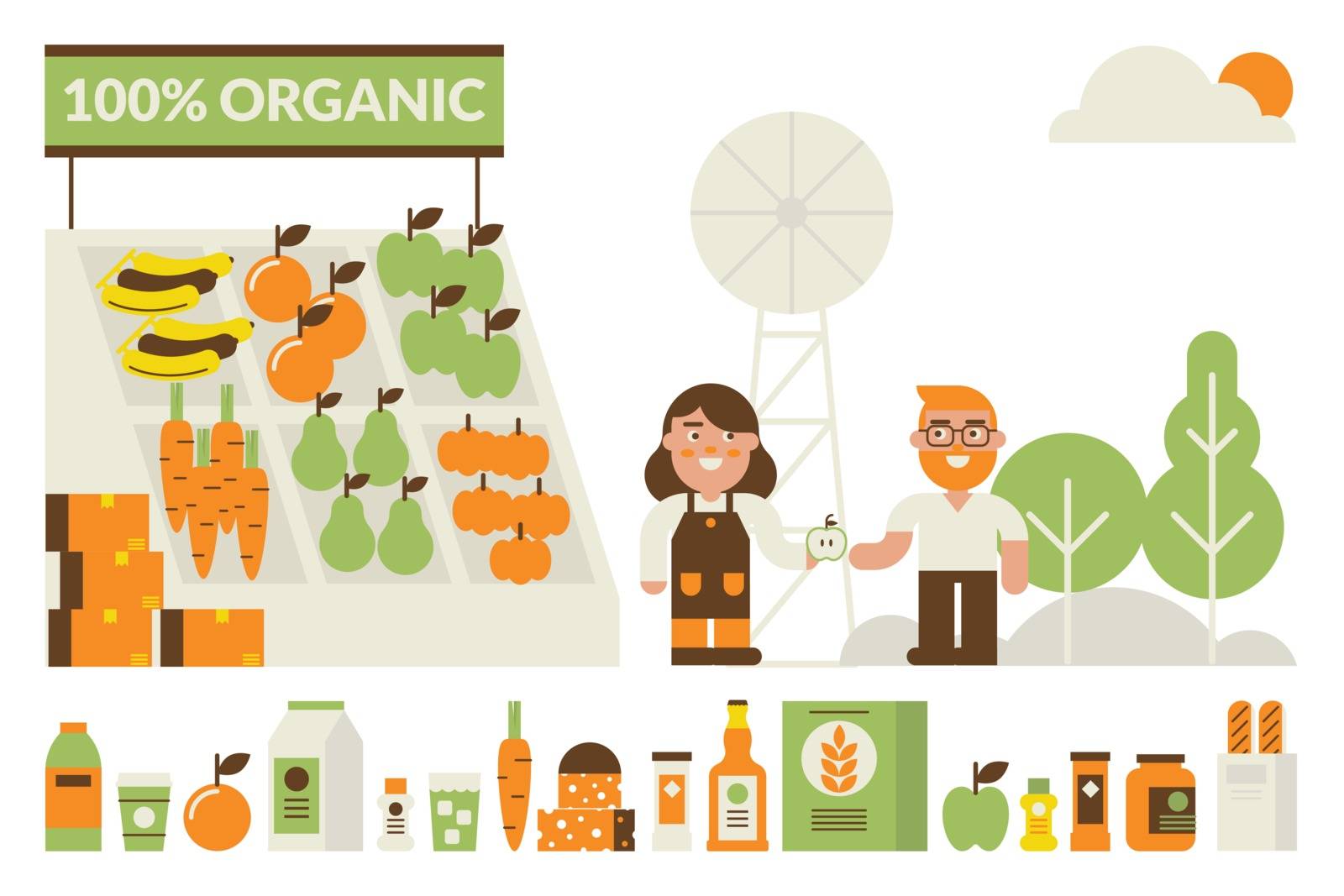Organic flea market concept illustration with product icons