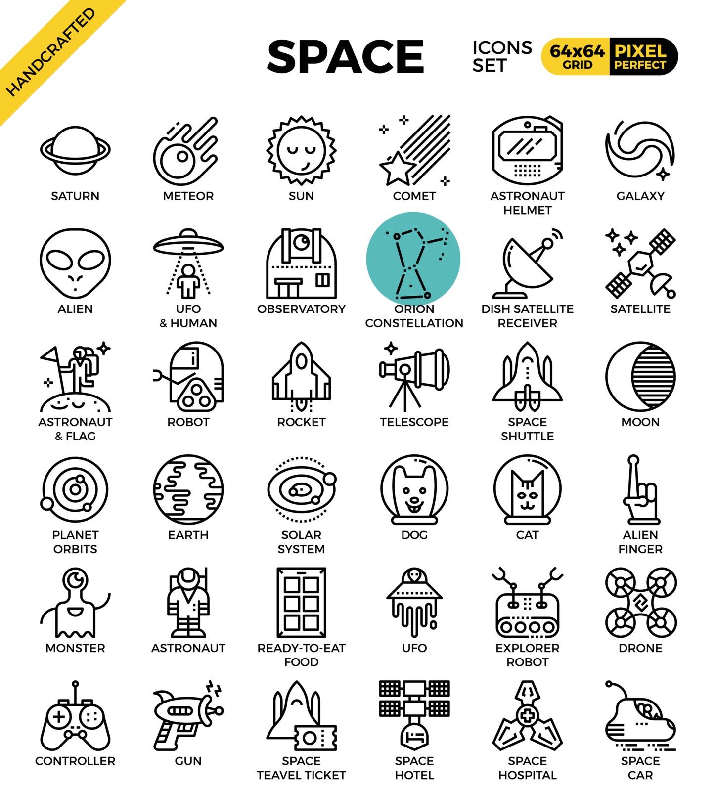 Space and galaxy outline icons concept in modern style for web or print illustration
