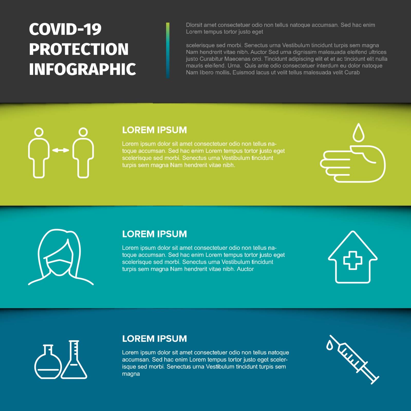 Covid-19 prevention infographic template - mask, people distance, washing hands, stay at home 