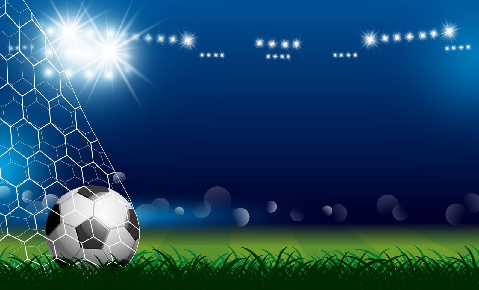 Soccer ball in goal on grass with spotlight vector illustration