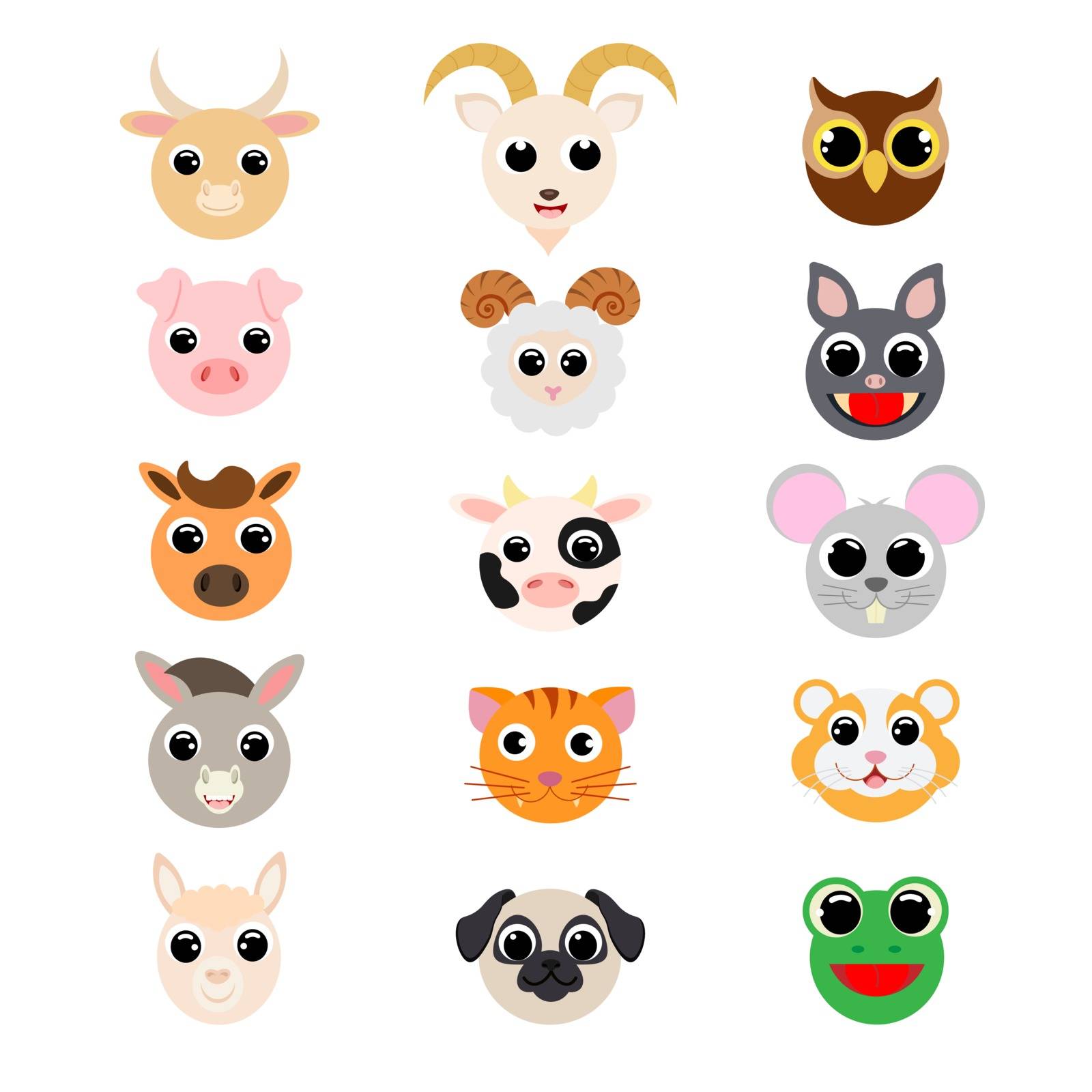 Funny cute domestic animals heads. Cartoon characters. Flat vector stock illustration on white background. Cute heads of pig, yak, sheep, cow, goat, alpaca, dog, cat, horse, donkey, mouse, hamster