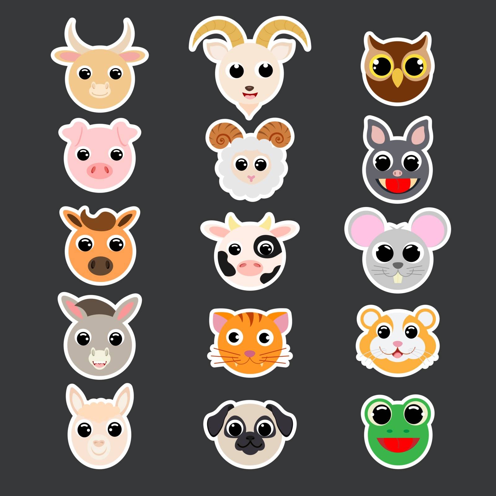 Stickers of cute domestic heads. Cartoon characters. Flat vector stock illustration. Cute heads of pig, yak, sheep, cow, goat, alpaca, dog, cat, horse, donkey, mouse, hamster