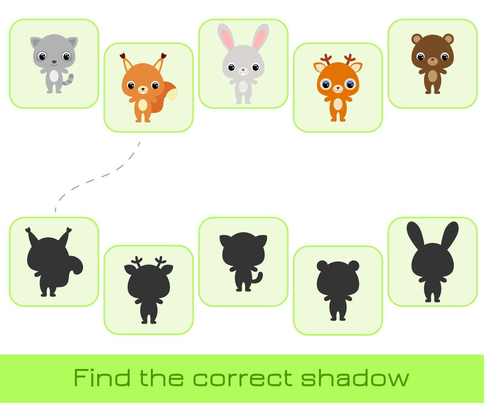 Clip cards game template find correct shadow. Matching game for children. Educational activity for preschool years kids and toddlers. Set of cartoon animals. Vector stock illustration.