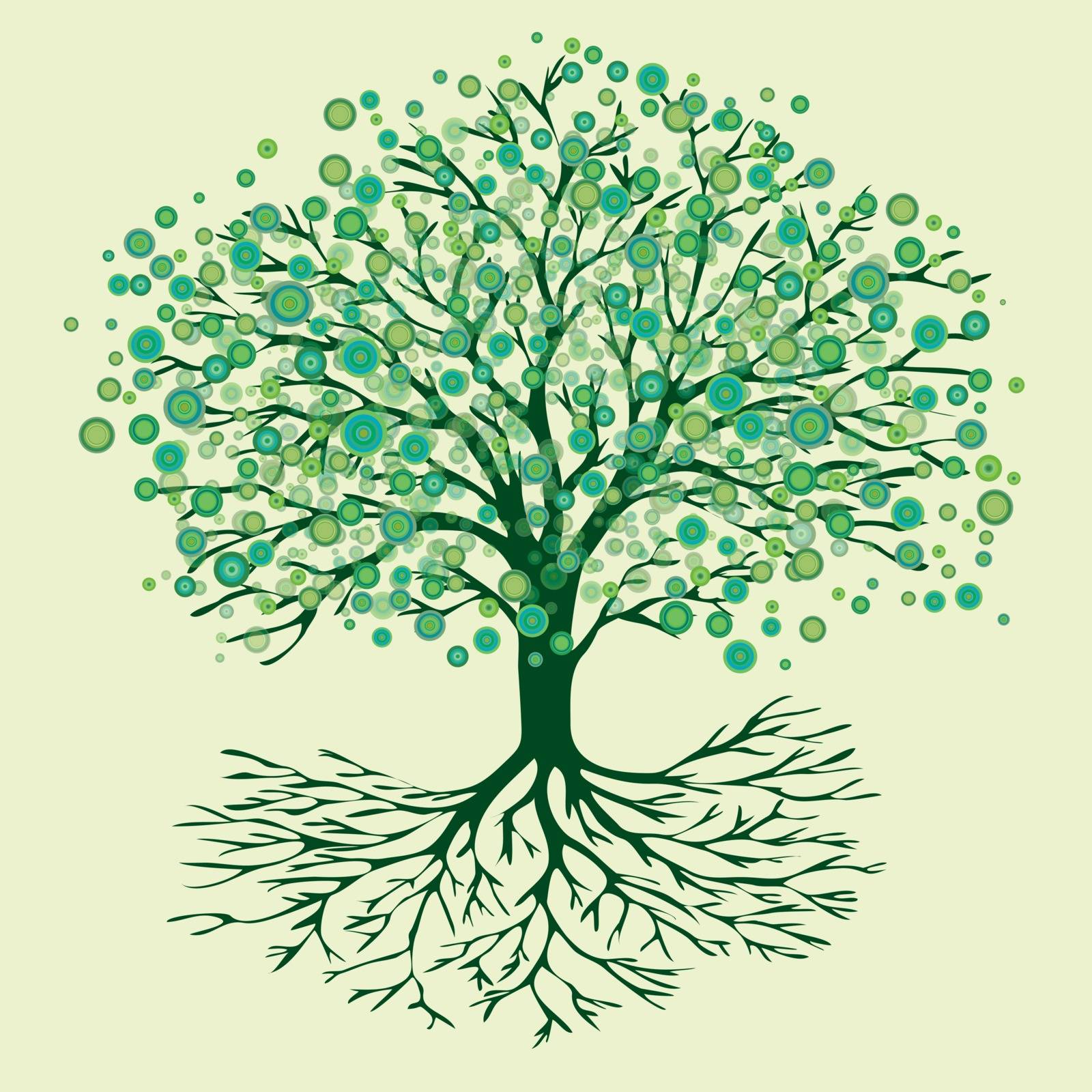 A vector illustration of a tree of life with abstract round green flowers