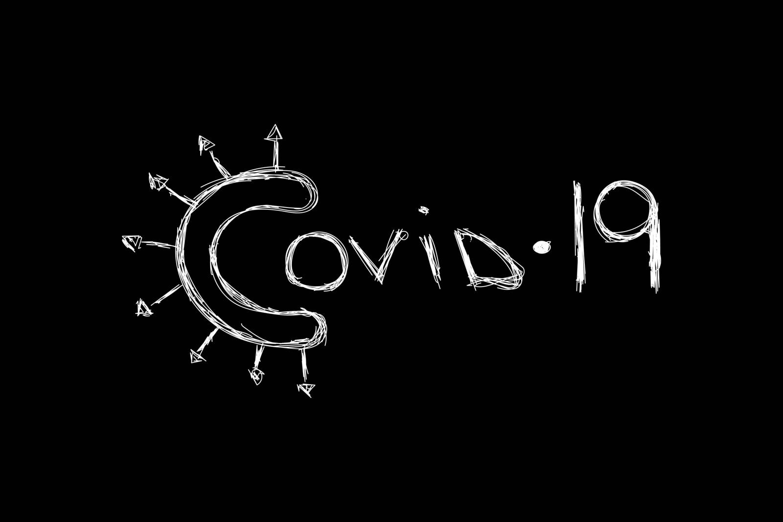 Covid 19 handdrawn logo. Coronavirus pandemic symbol inscription. EPS10 vector.