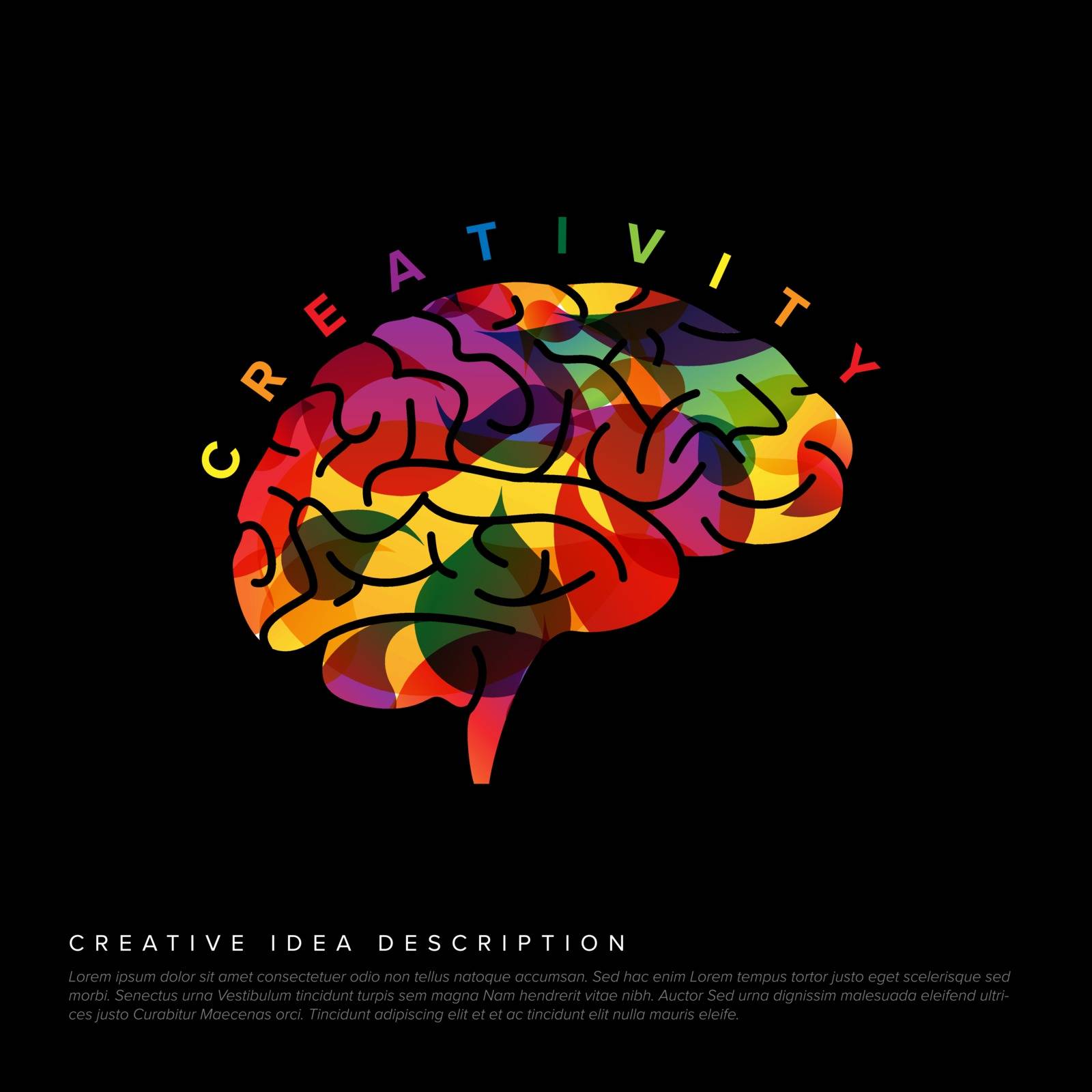 Creative idea concept illustration template made from colorful droplets and a brain icon - dark version