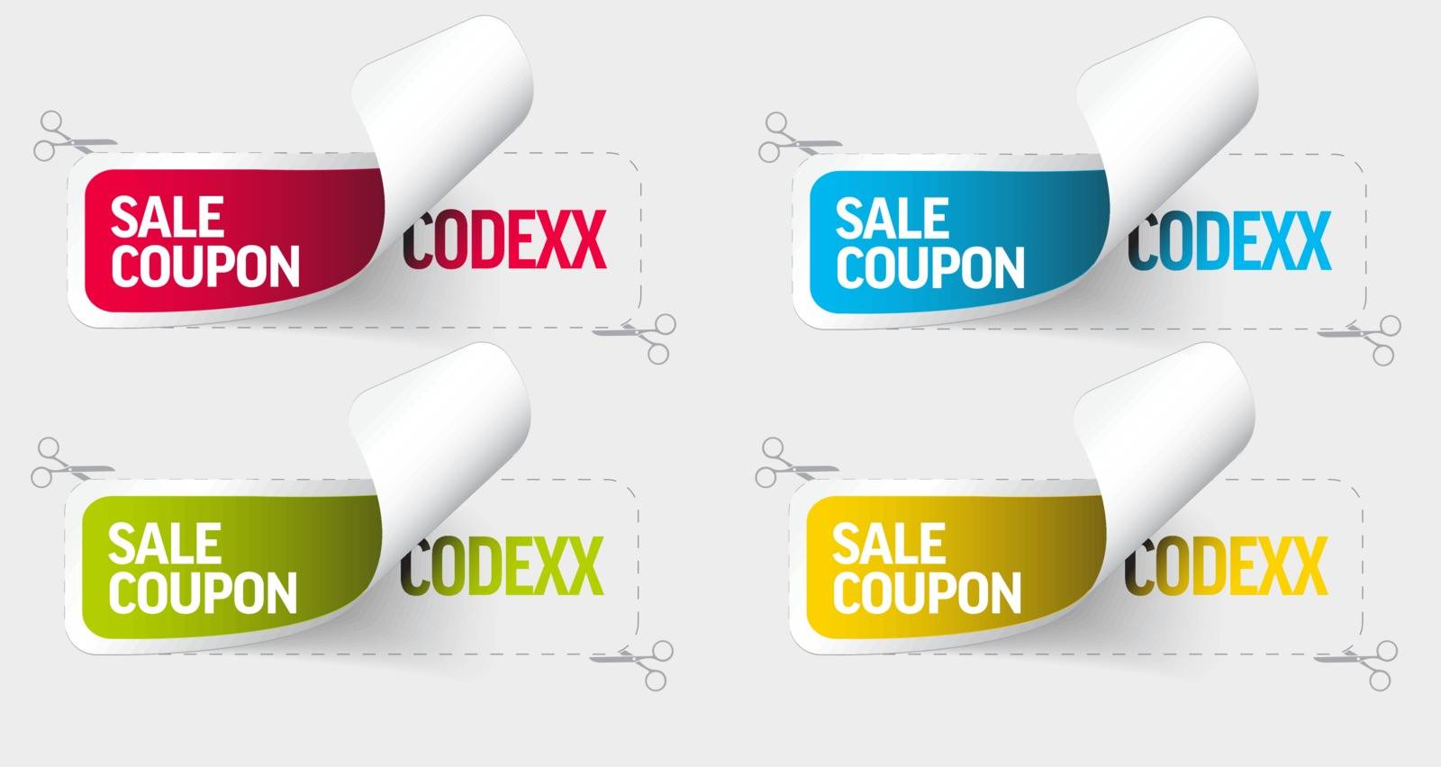 Set of sticker templates displaying the sale coupon code numbers - red, blue, green and yellow version