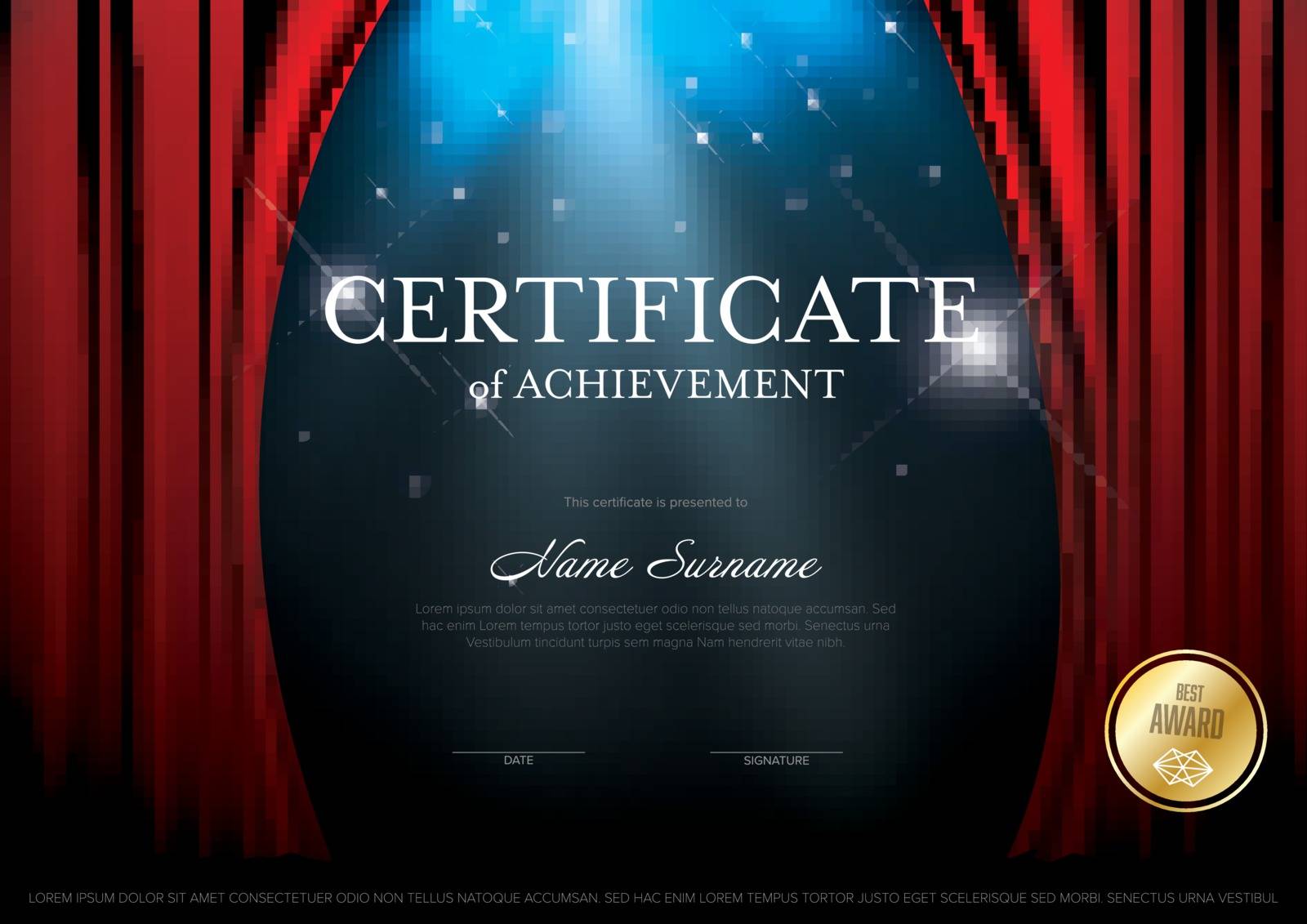 Modern certificate of achievement template with place for your content - theatre curtain version