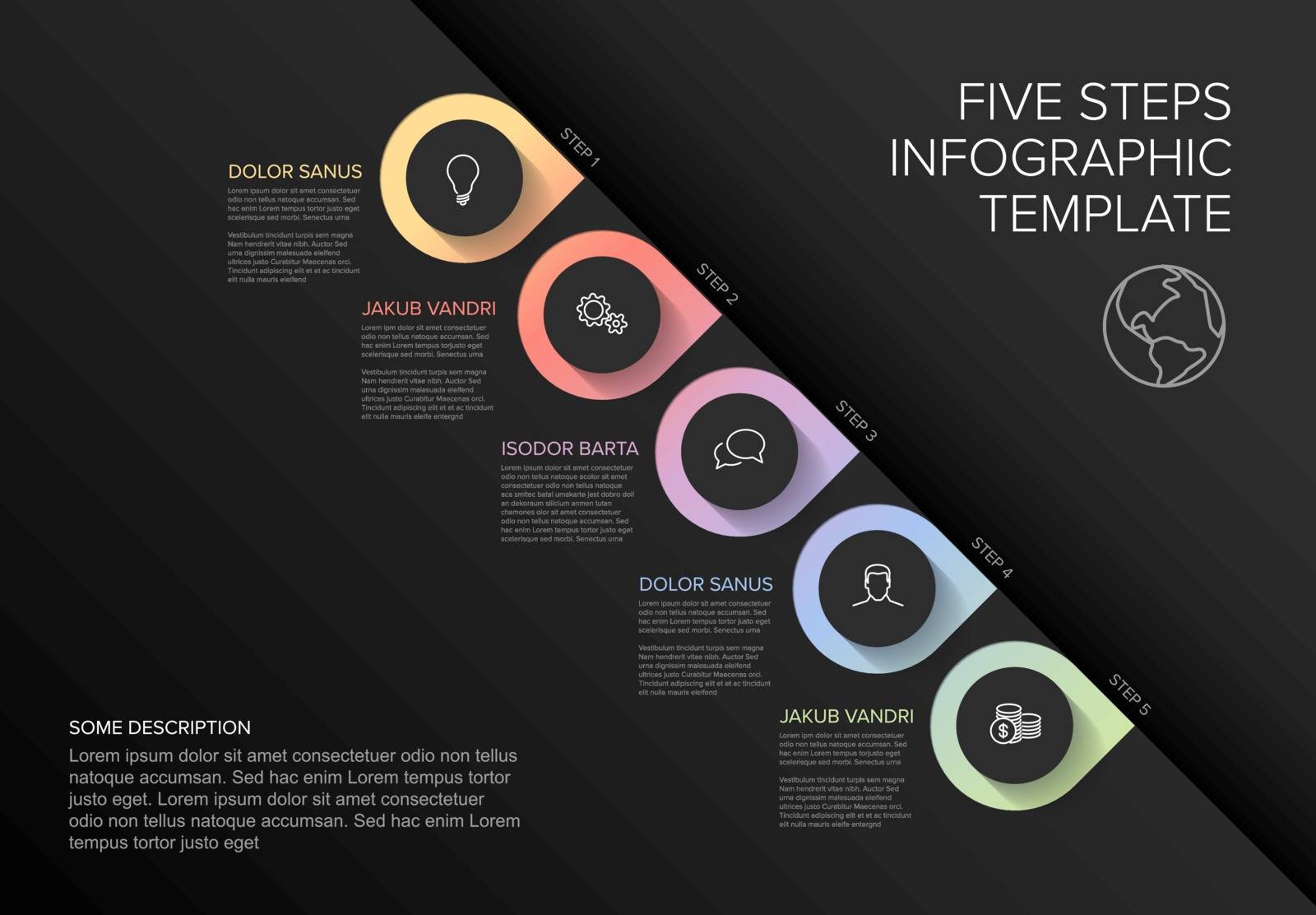 One two three four five - vector diagonal progress template with five steps and description - dark background version