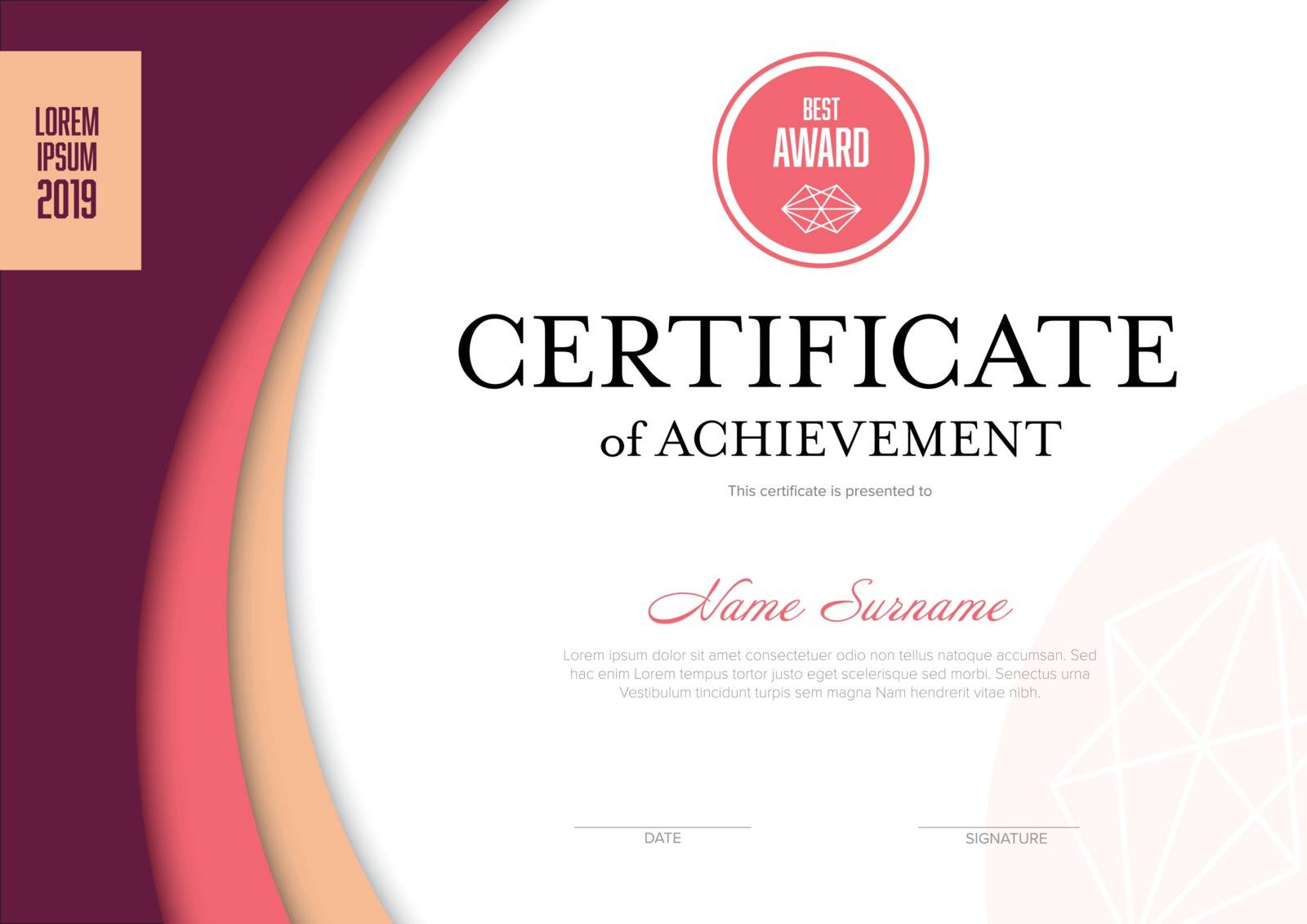 Modern certificate of achievement template with place for your content - pink girlish design