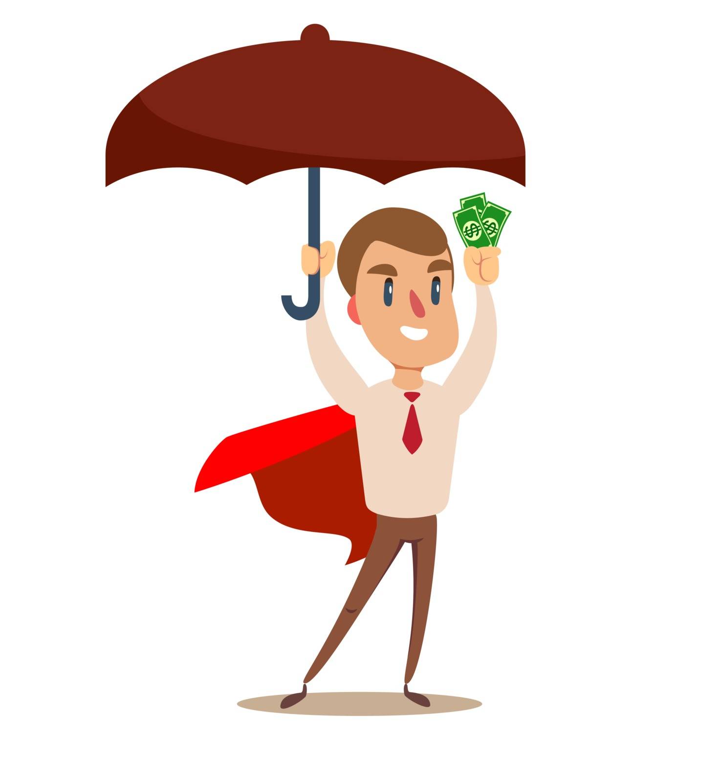 Superhero holding umbrella to protect money. Vector illustration for financial, insurance savings concept