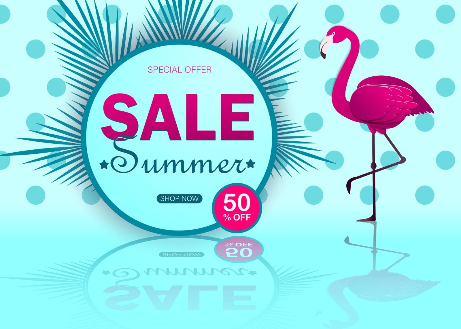 Summer sale banner modern design with flamingo and tropical leaves background by Helenshi