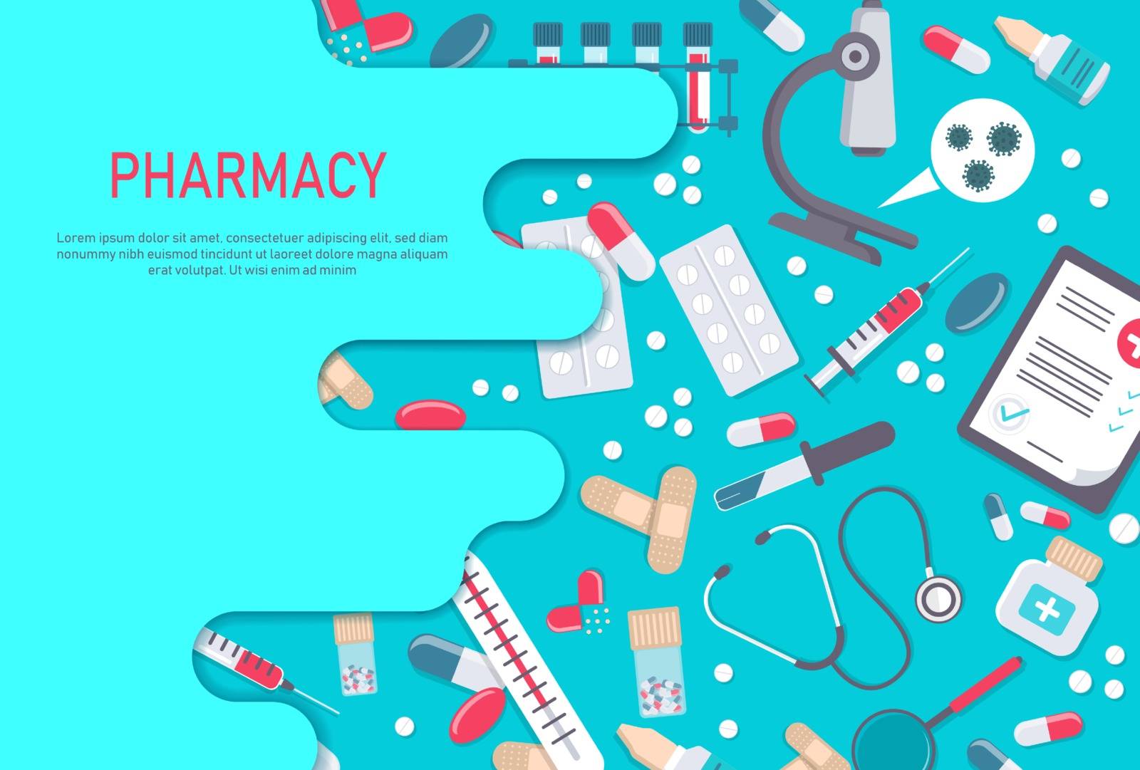 Pharmacy frame with pills, drugs, medical bottles. Drugstore vector flat illustration. Medicine and healthcare banner, poster background with copy space