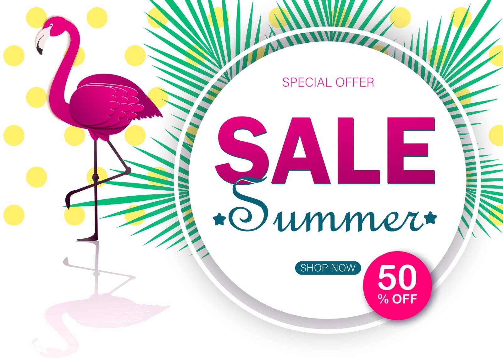 Summer sale banner modern design with flamingo and tropical leaves background by Helenshi