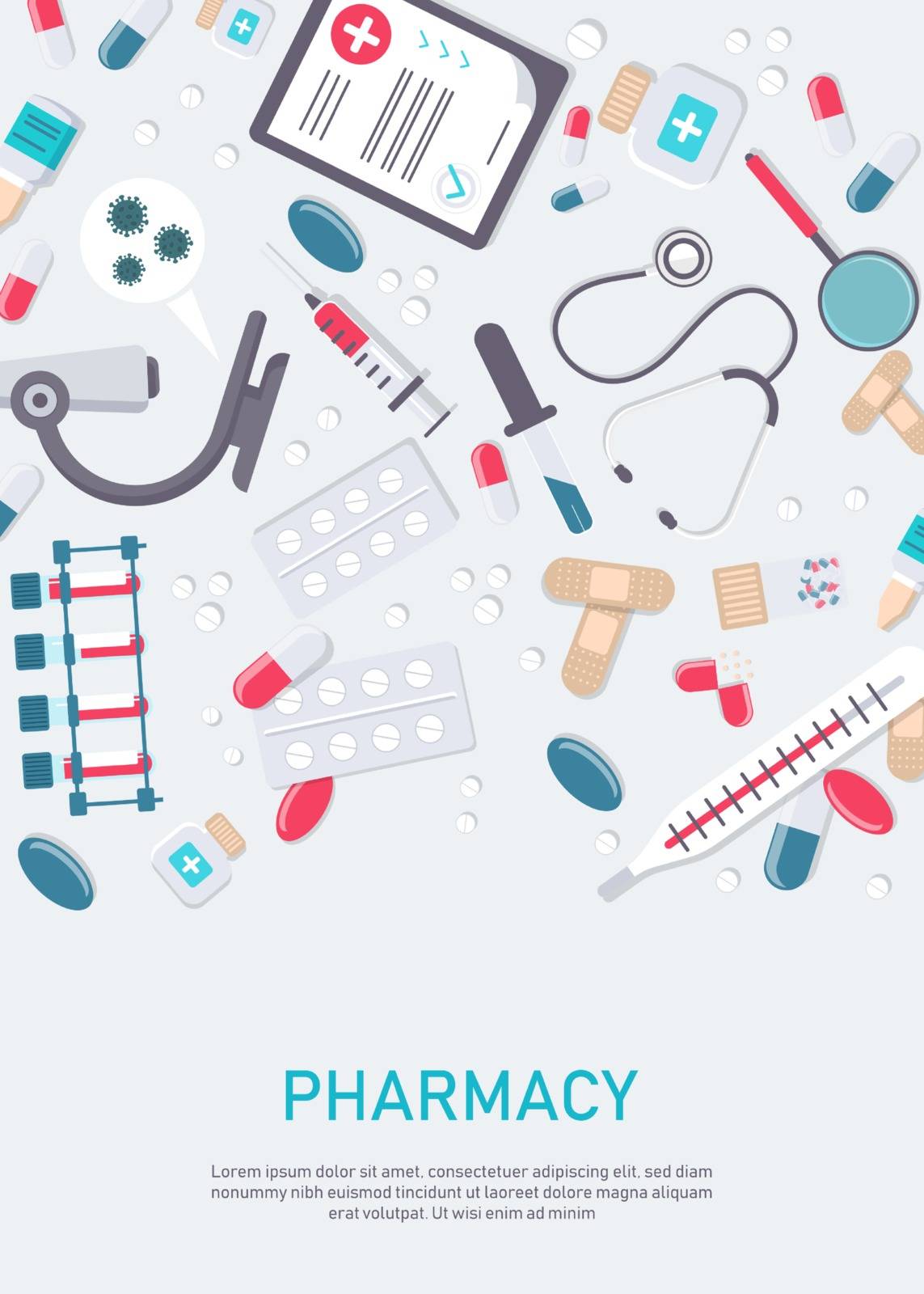 Pharmacy frame with pills, drugs, medical bottles. Drugstore vector flat illustration. Medicine and healthcare banner, poster background with copy space. by Helenshi