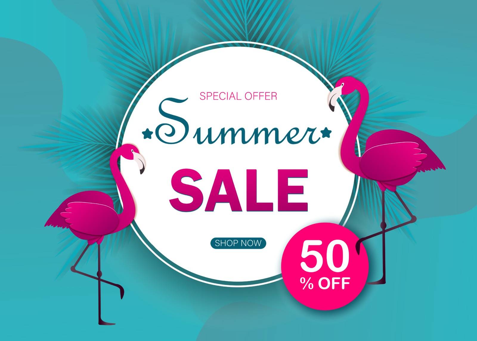 Summer sale banner modern design with flamingo and tropical leaves background.