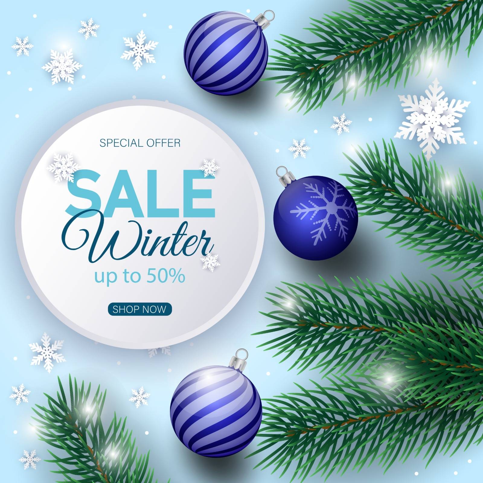 Winter sale banner decorated with Christmas tree branches and snow.