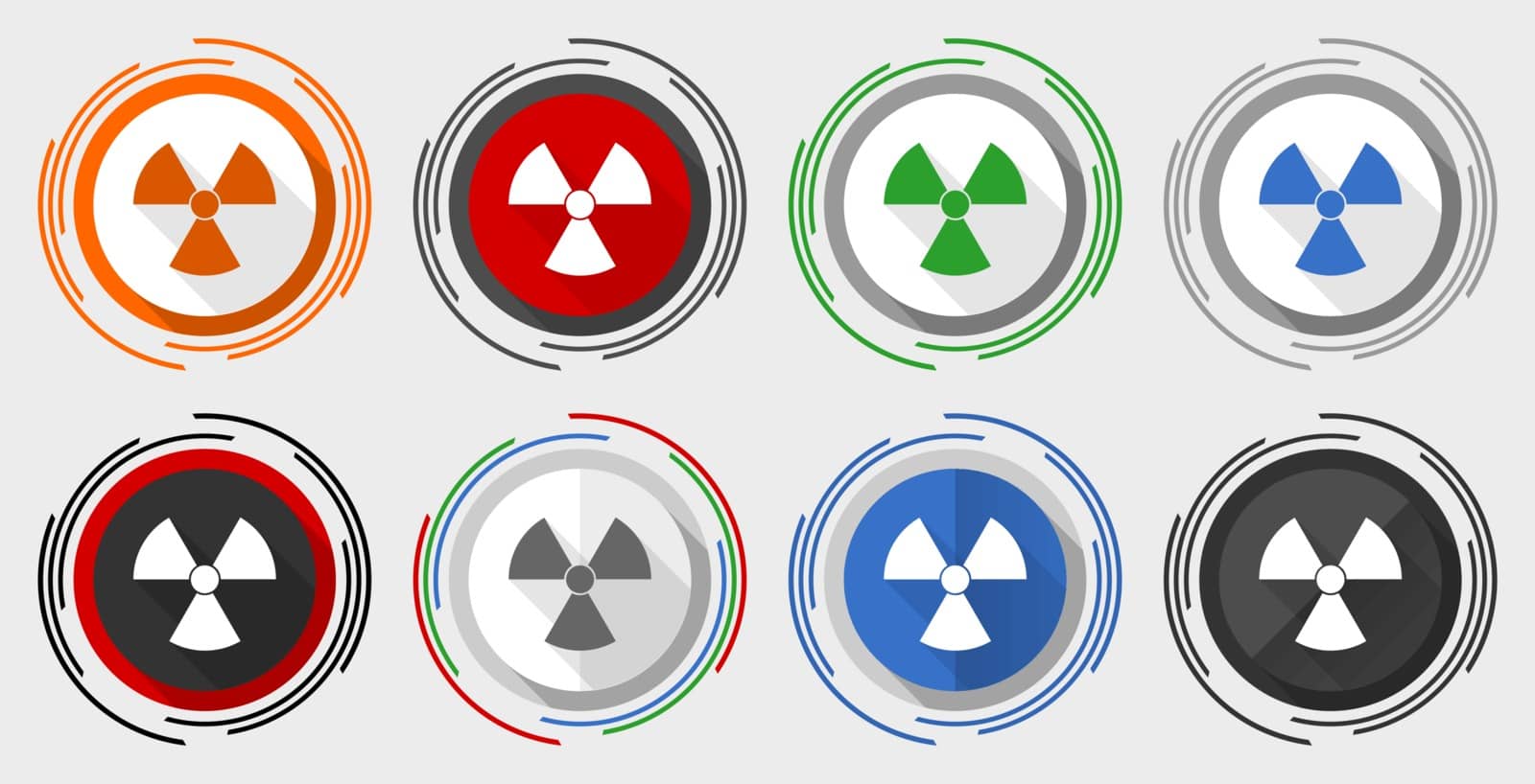 Radiation vector icon set, modern design flat graphic in 8 options for web design and mobile applications by alexwhite