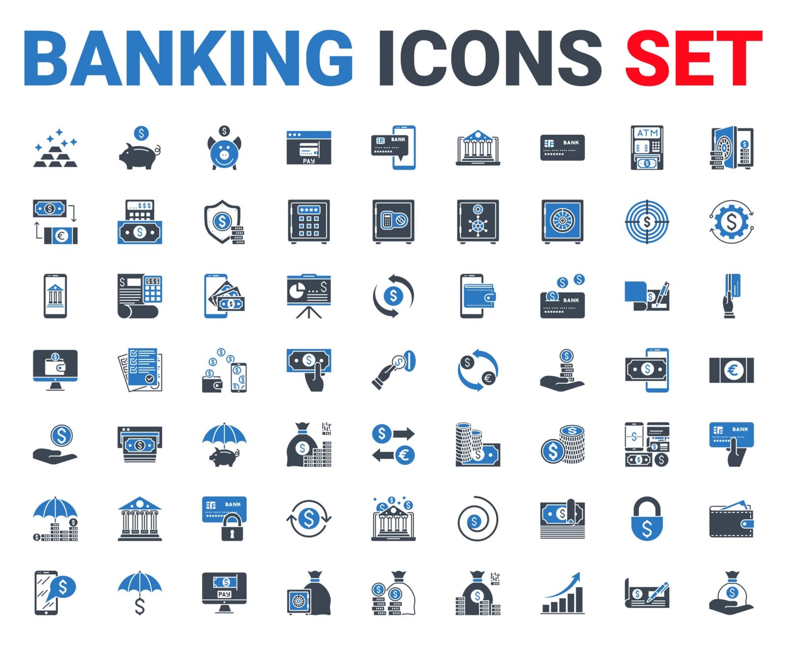 Set banking icons glyph. Black and blue color. Icons for mobile concepts and web apps. Collection modern infographic logo and pictogram. Isolated on white background. Vector illustration.