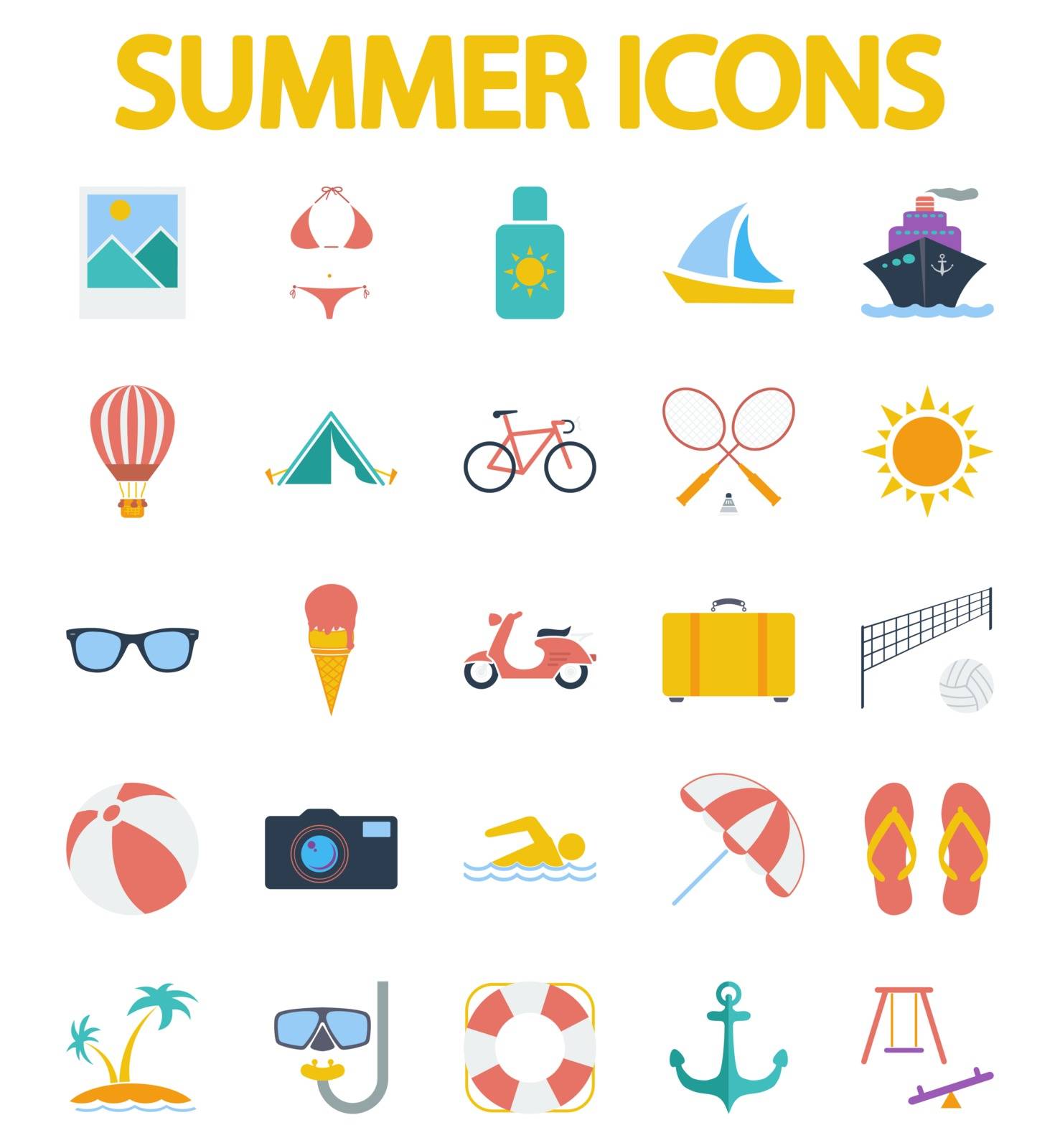 Summer icons set. Flat vector related icon set for web and mobile applications. It can be used as - logo, pictogram, icon, infographic element. Vector Illustration. 
