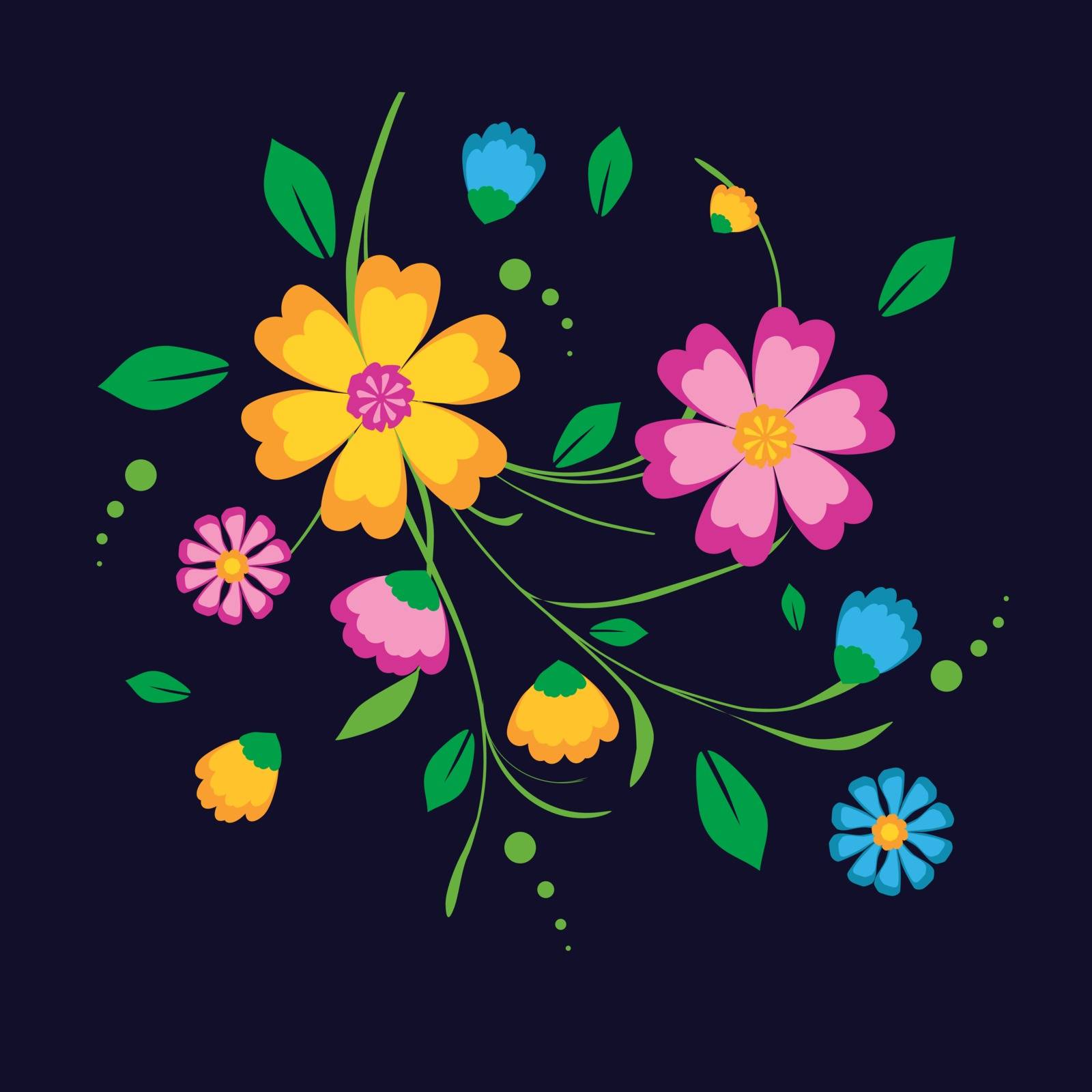 A bunch of very decorative and colorful flowers on a dark blue background