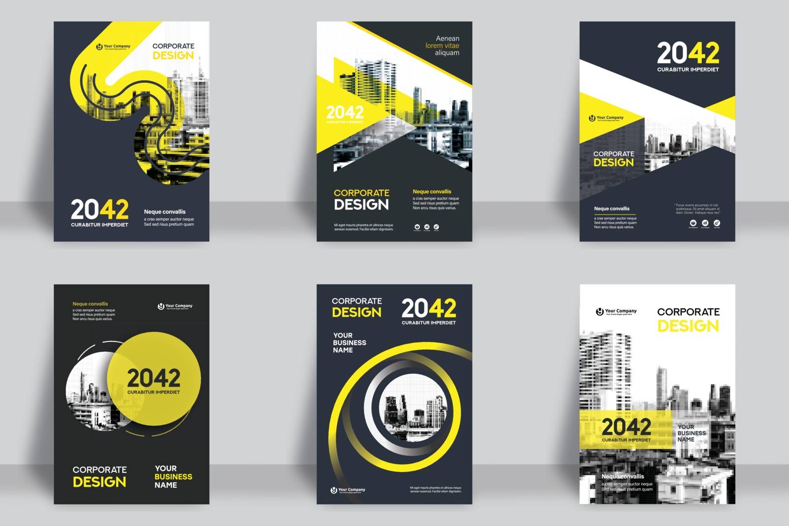 Corporate Book Cover Design Template Set. A4 format. 6 Designs Included. Can be adapt to Brochure, Annual Report, Magazine,Poster, Business Presentation, Portfolio, Flyer, Banner, Website.