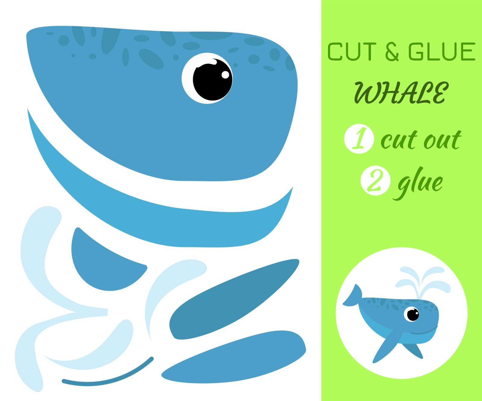 Cut and glue whale. Color paper application game. Educational paper game for preschool children. Cartoon character. Flat vector stock illustration.