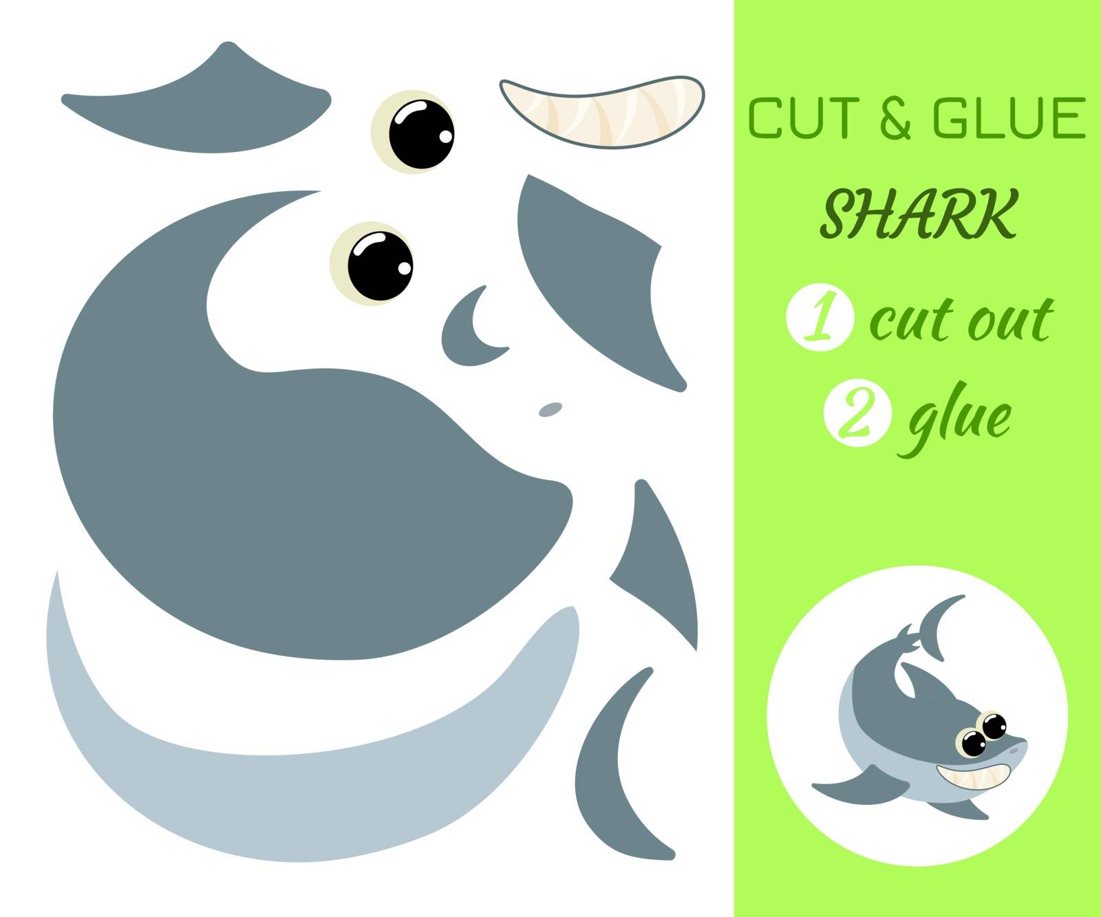 Cut and glue shark. Color paper application game. Educational paper game for preschool children. Cartoon character. Flat vector stock illustration.