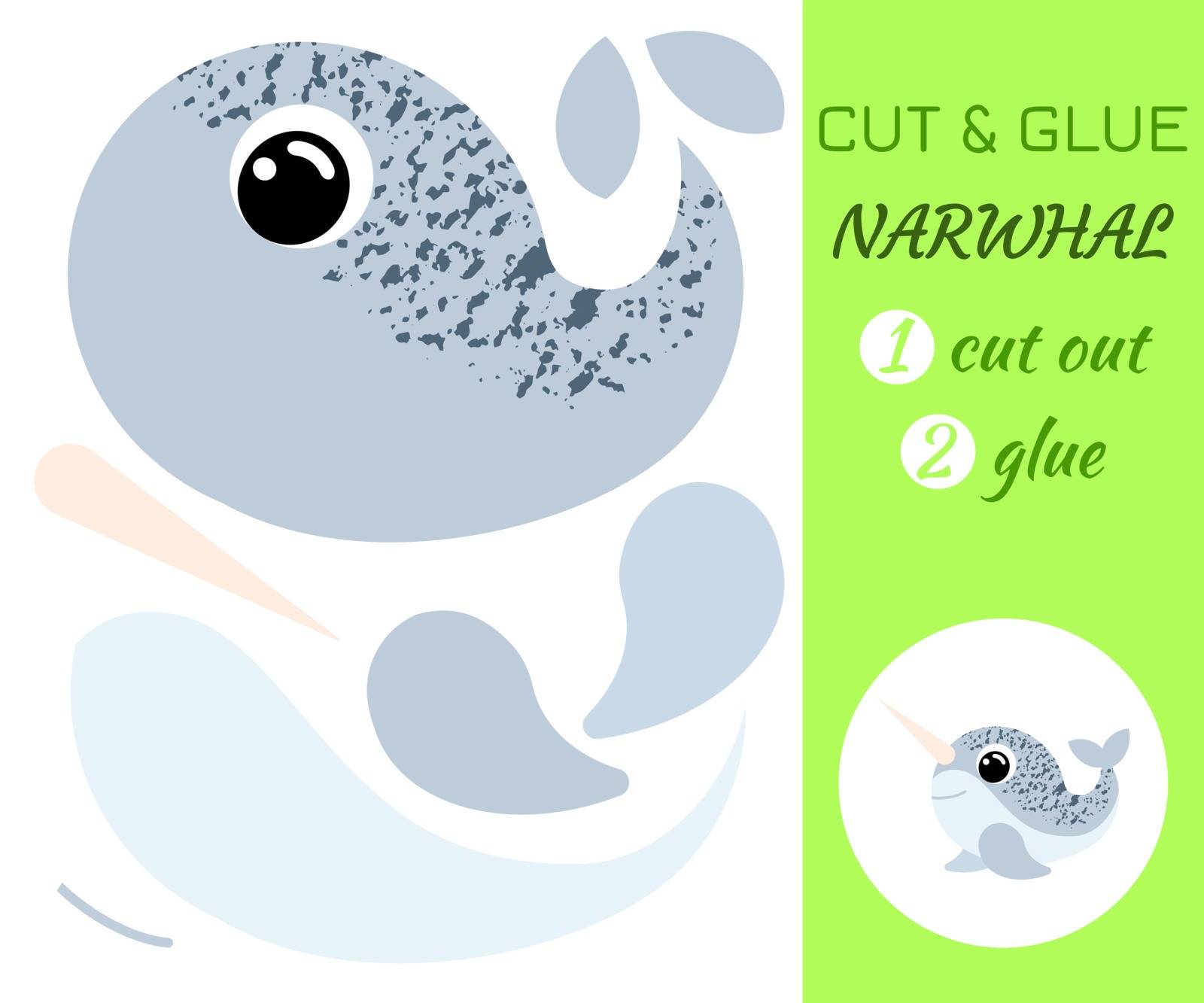 Cut and glue narwhal. Color paper application game. Educational paper game for preschool children. Cartoon character. Flat vector stock illustration.