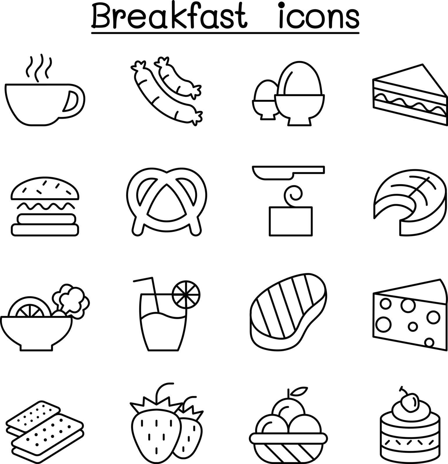Breakfast icon set in thin line style by Puckung