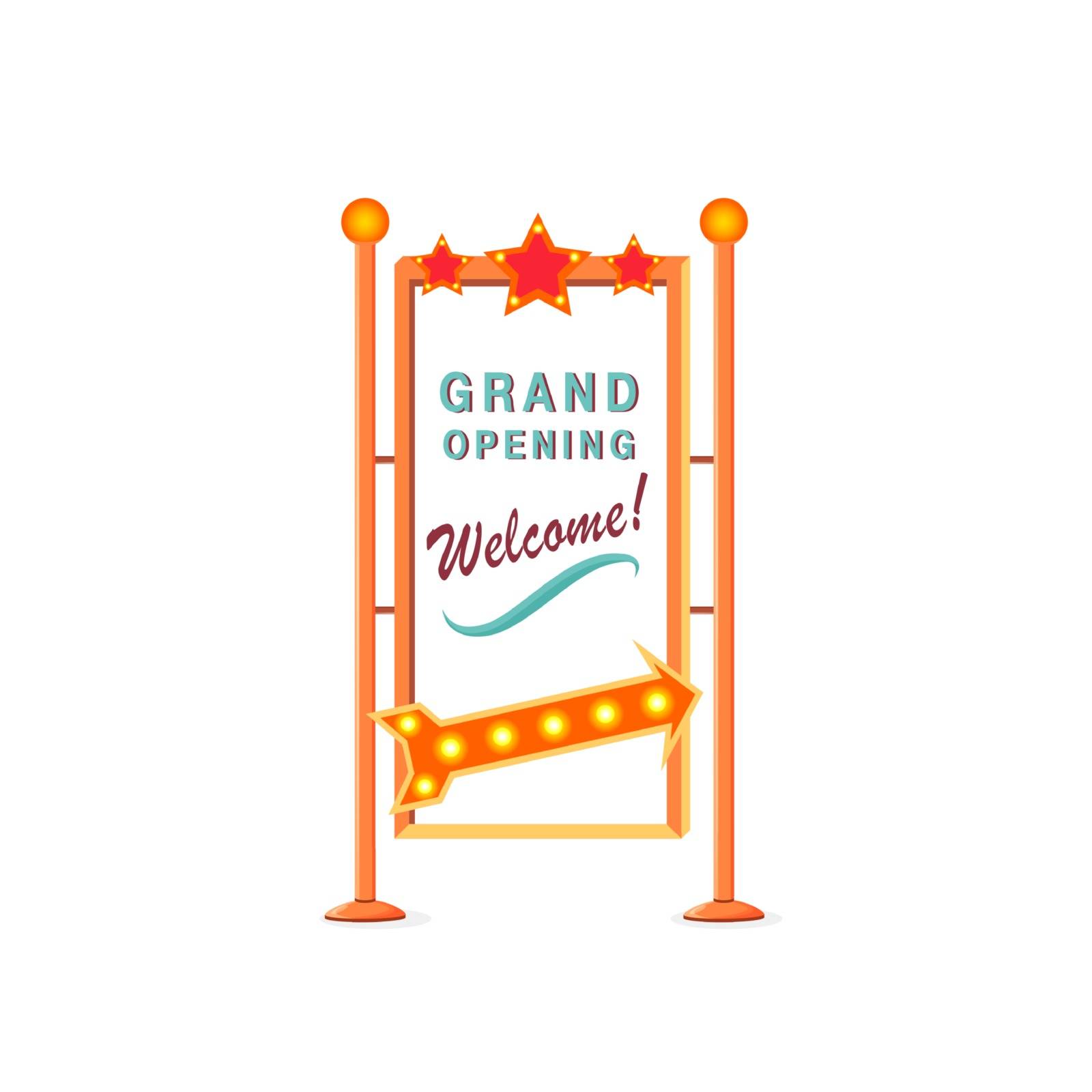Grand opening vintage vector advert board sign illustration. Commercial billboard mockup design with copy space. Stand with lighbulbs isolated object on white background. Ceremony announcement banner