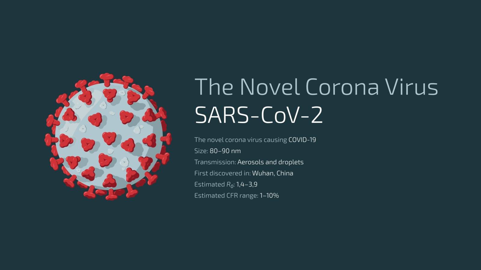 Detailed flat vector illustration of The Novel Corona Virus SARS-CoV-2, the virus causing COVID-19.
