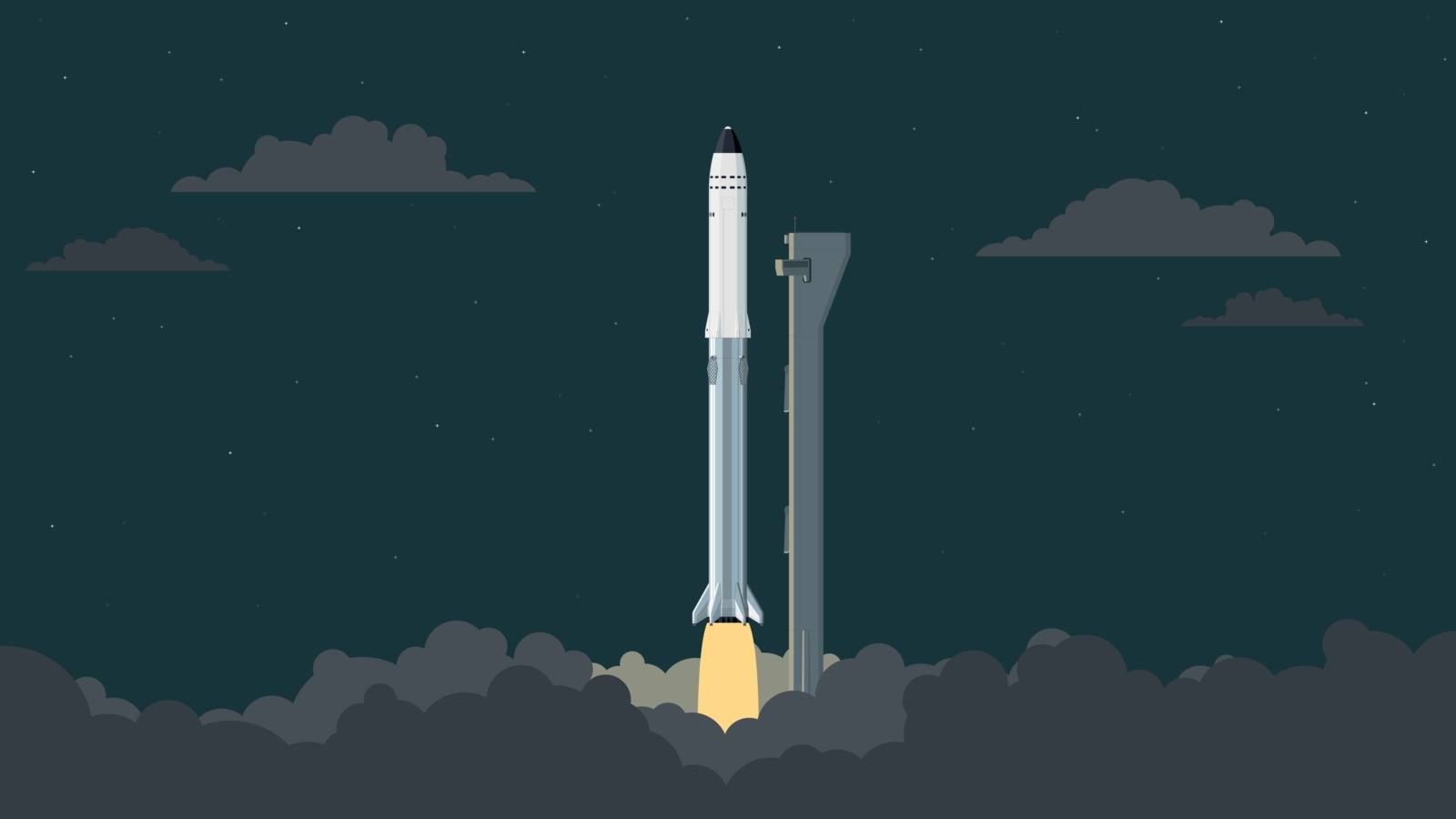 May 1, 2020: Detailed flat vector illustration of the launching of SpaceX Lunar Optimized Starship at night.