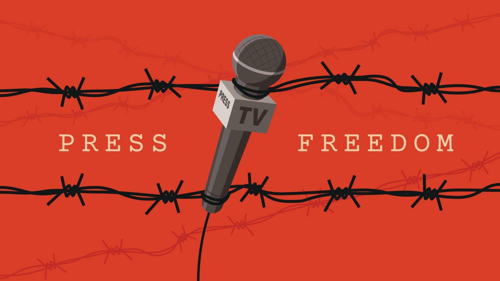 Detailed flat vector illustration of a microphone tangled in barbed wires. World Press Freedom Day.
