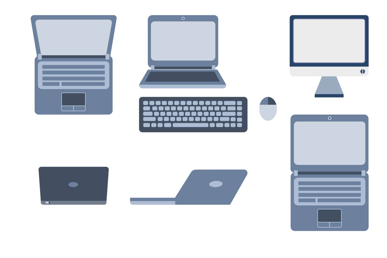 Personal computer, mouse, keyboard, Laptop. Vector design illustration in flat style.