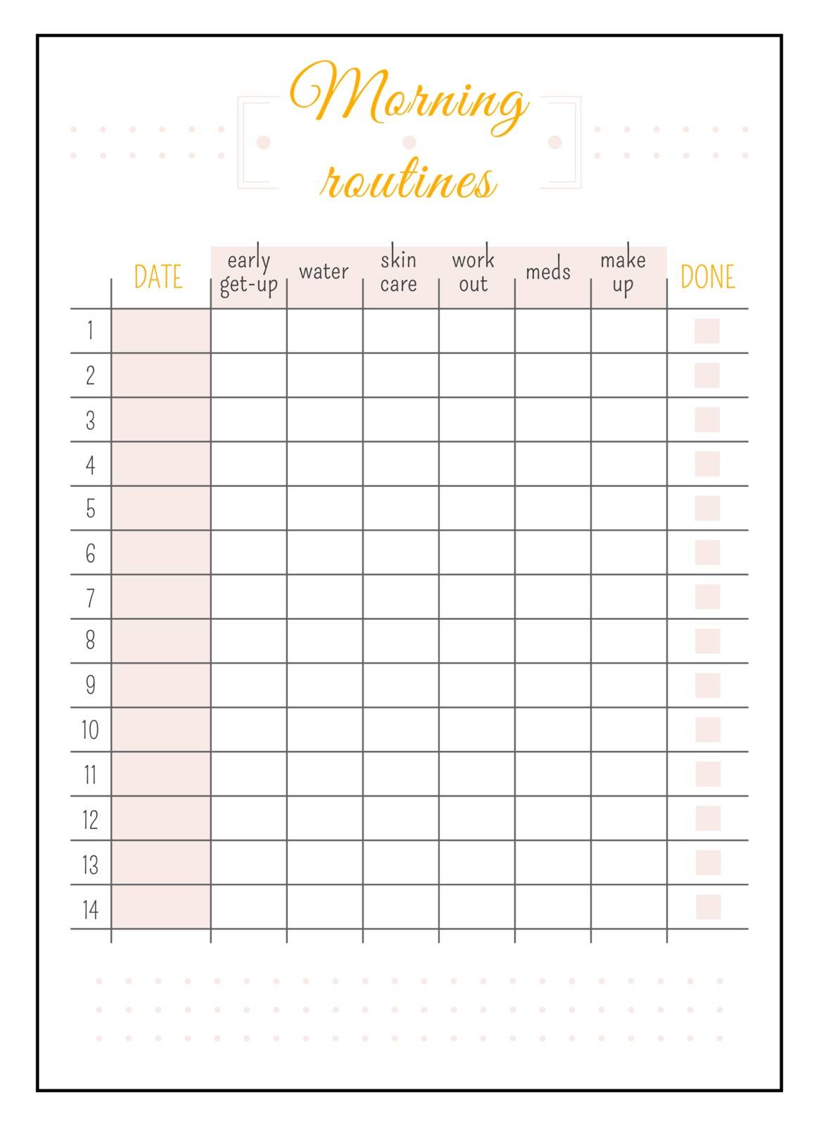 Daily routine calendar minimalist planner page design. Morning list with cute pink boxes. Self improvement. Habit tracker bullet journal printable sheet. Personal organizer. Notebook vector template