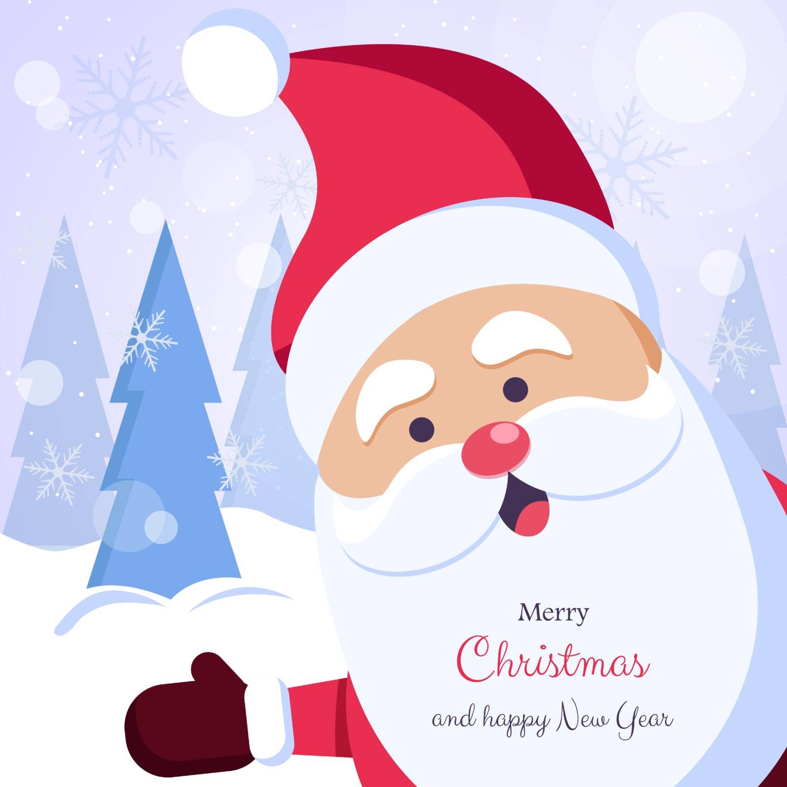 We Wish you a Merry Christmas. Happy new year. Santa Claus character with big signboard. Holiday greeting card with Christmas snow. Isolated vector illustration