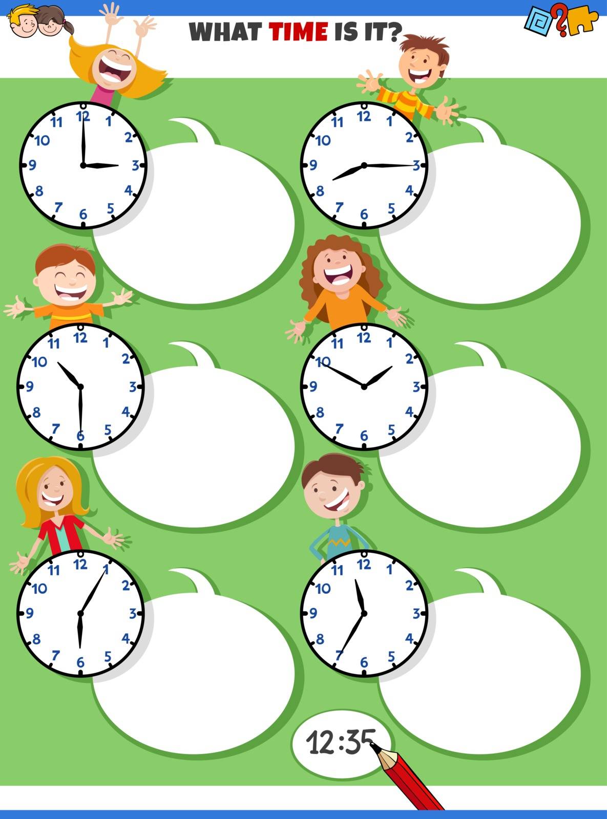 Cartoon Illustrations of Telling Time Educational Activity with Clock Face and Happy Children Characters