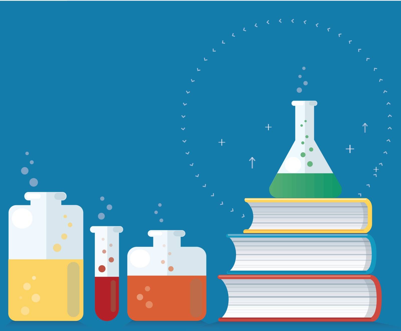 the colorful laboratory filled with a clear liquid and books vector illustration, education concepts