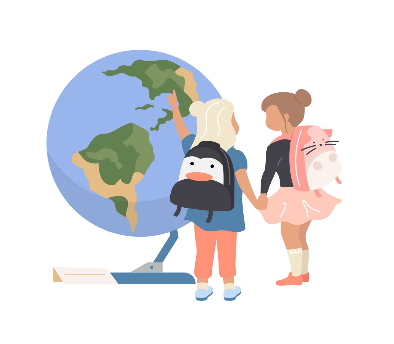 Preschool girls in planetarium flat color vector faceless character. Children look at earth sphere. Astronomy exhibition isolated cartoon illustration for web graphic design and animation