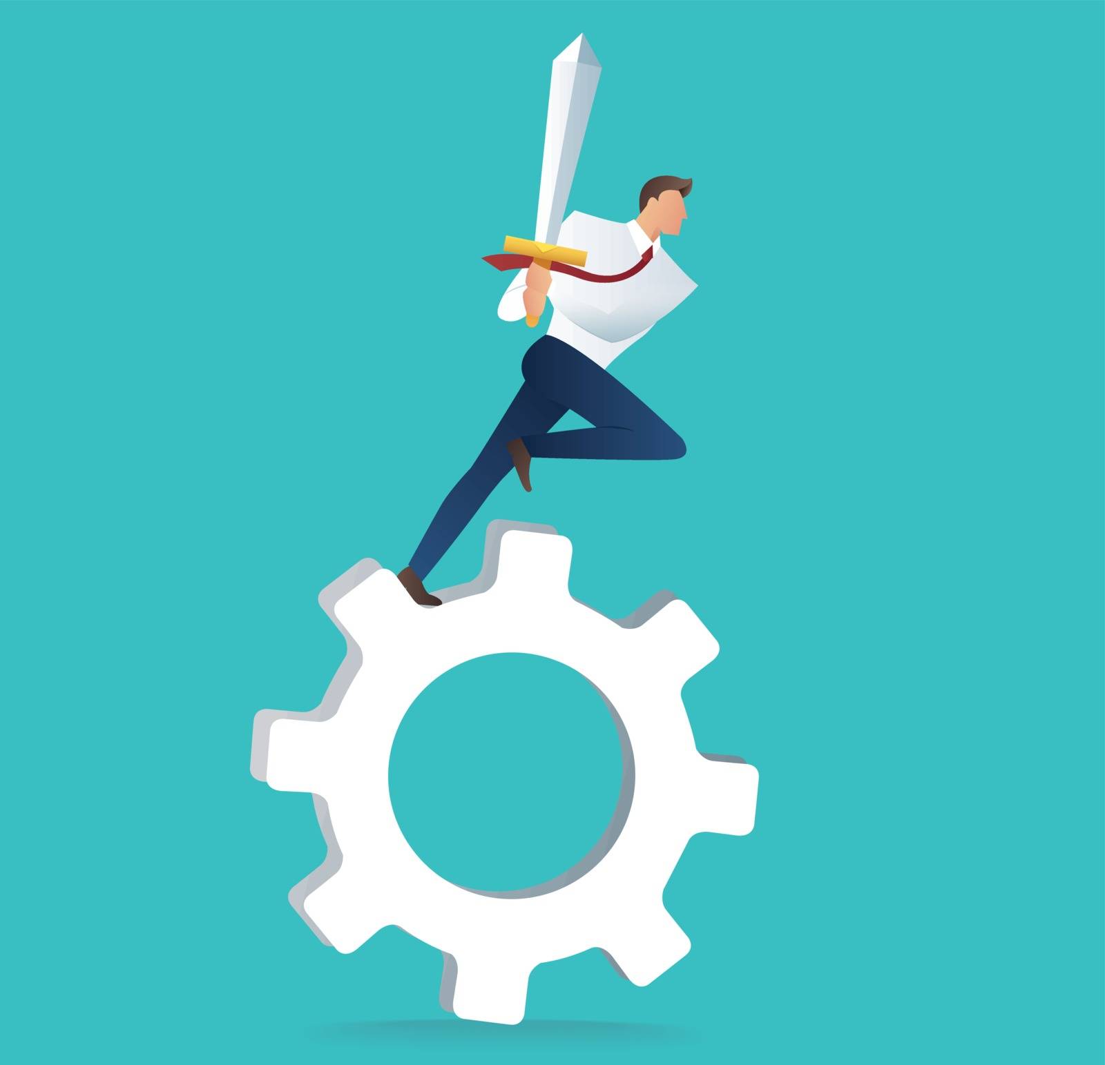businessman holding sword on gear icon, concept of motivation for achievement vector illustration by h-santima