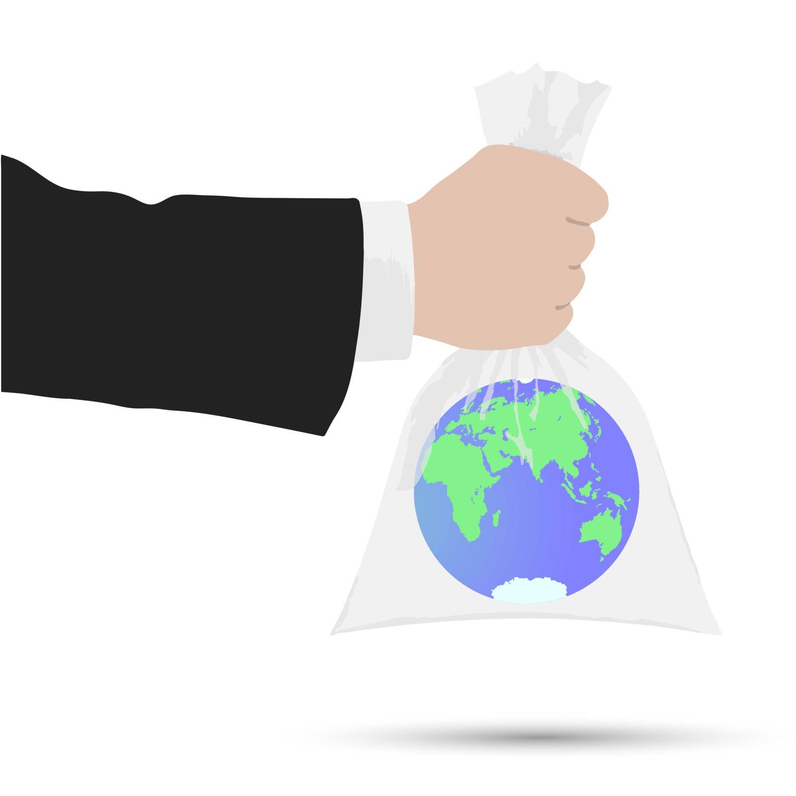 Hand holding a plastic bag. The globe is inside the plastic bag. Environmental protection. Do not use plastic, protect the planet.