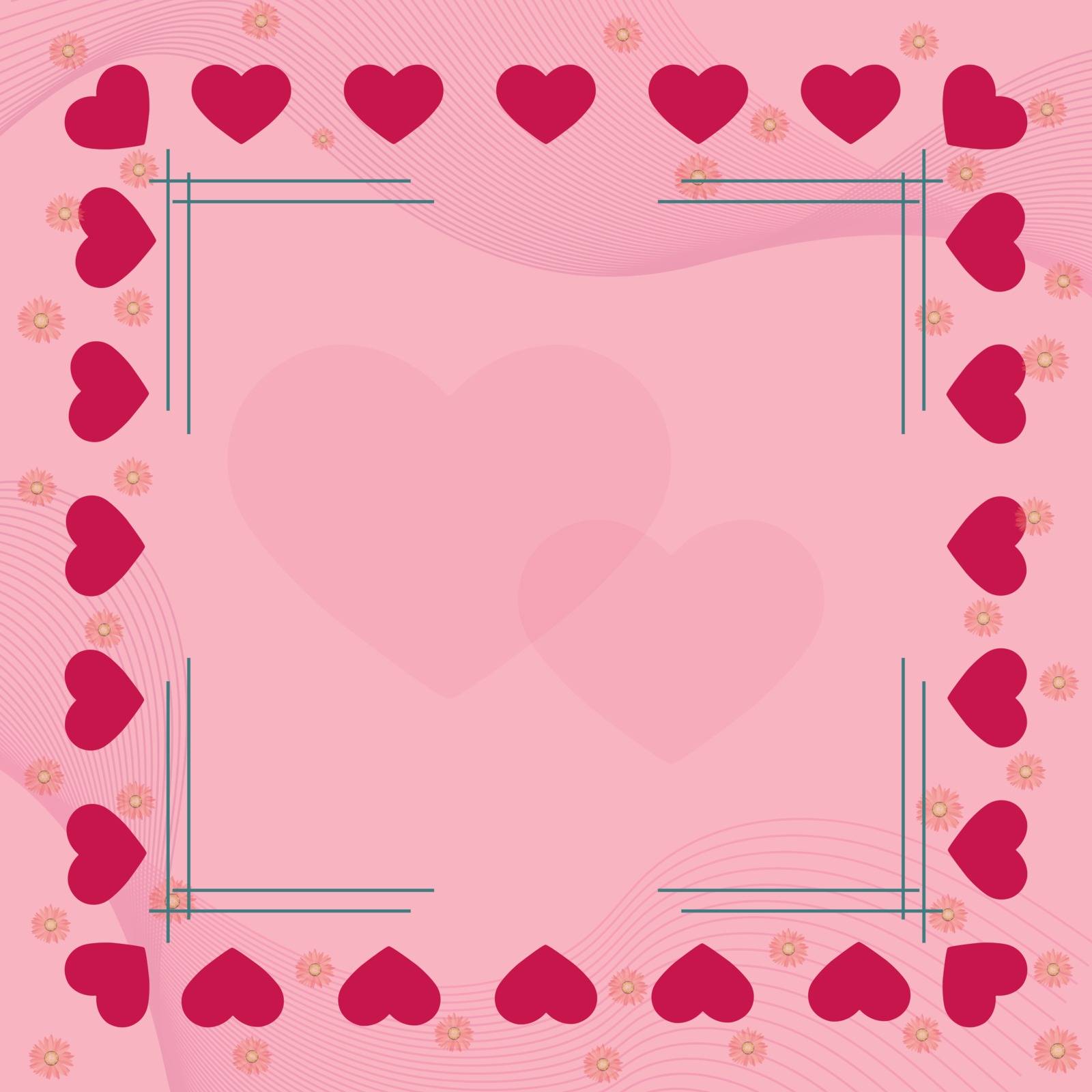 Pink heart and flowers on the borders of pink background with frame and heart in the middle. Ideal solution for design and decoration of greetings.