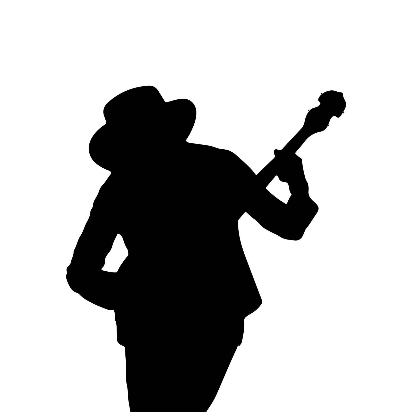 Silhouette of a man in a hat with a guitar. Simple design by Grommik