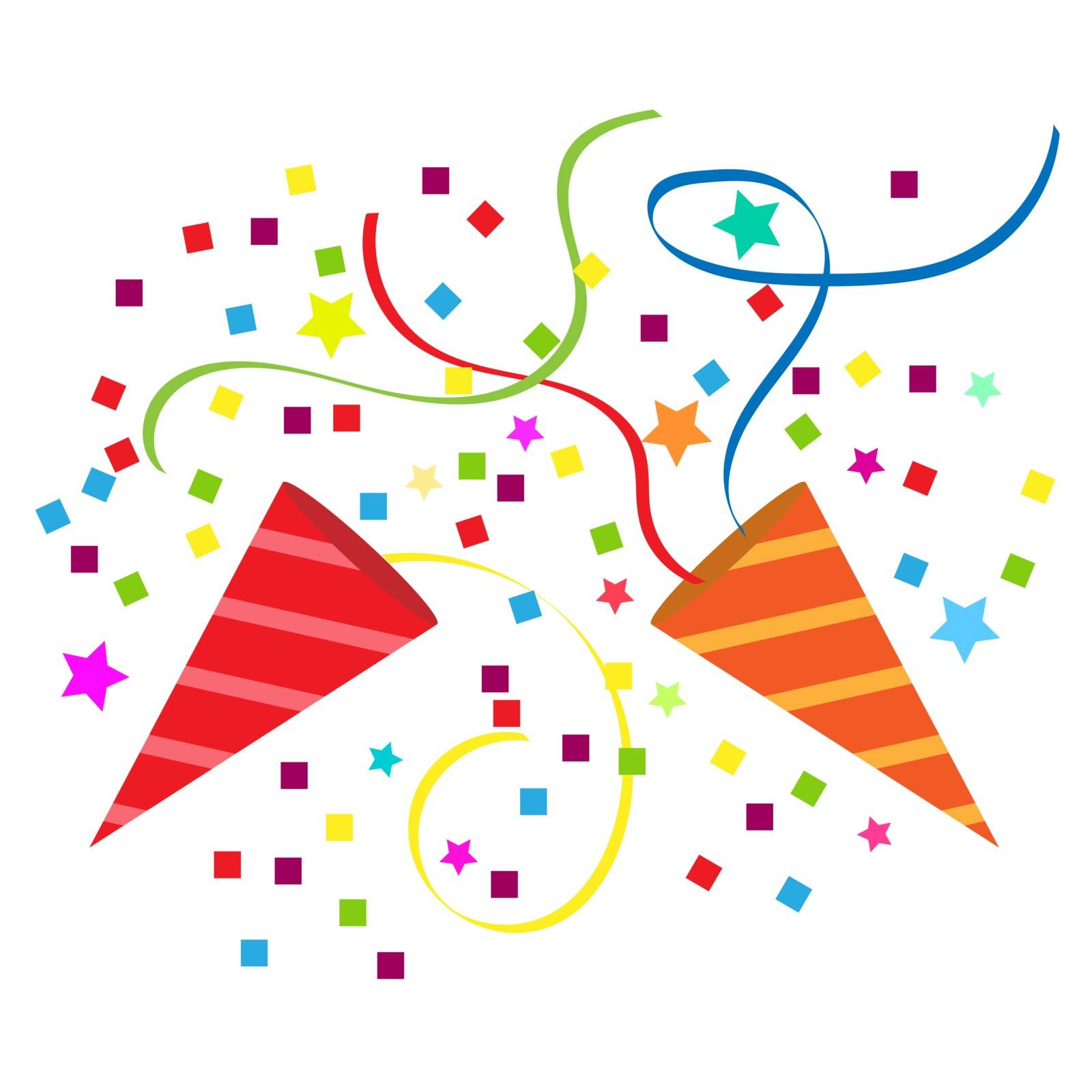 Colorful background with colored streamers and colored confetti. Flat design