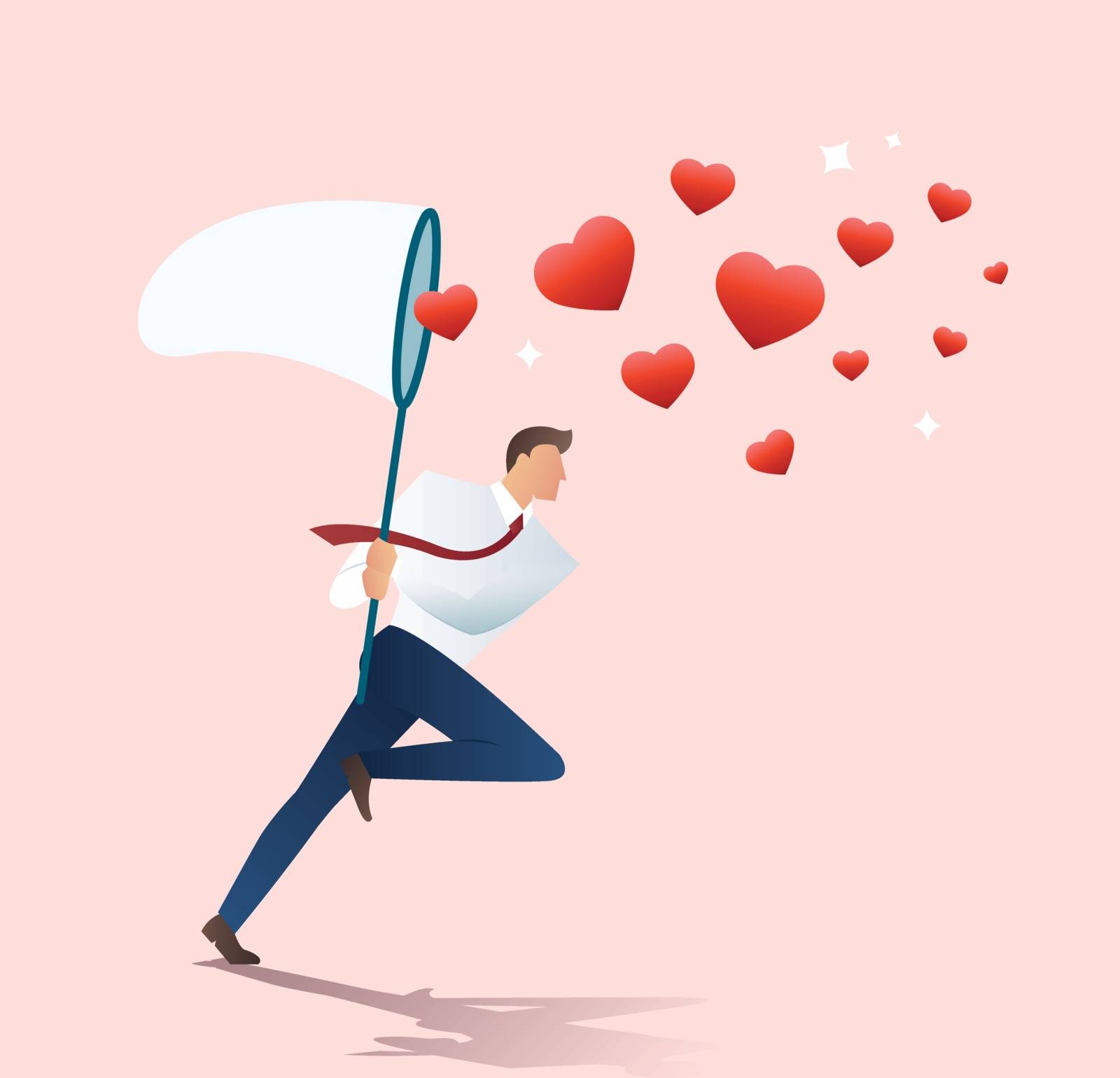 man holding a butterfly net trying to catch heart icons vector illustration by h-santima